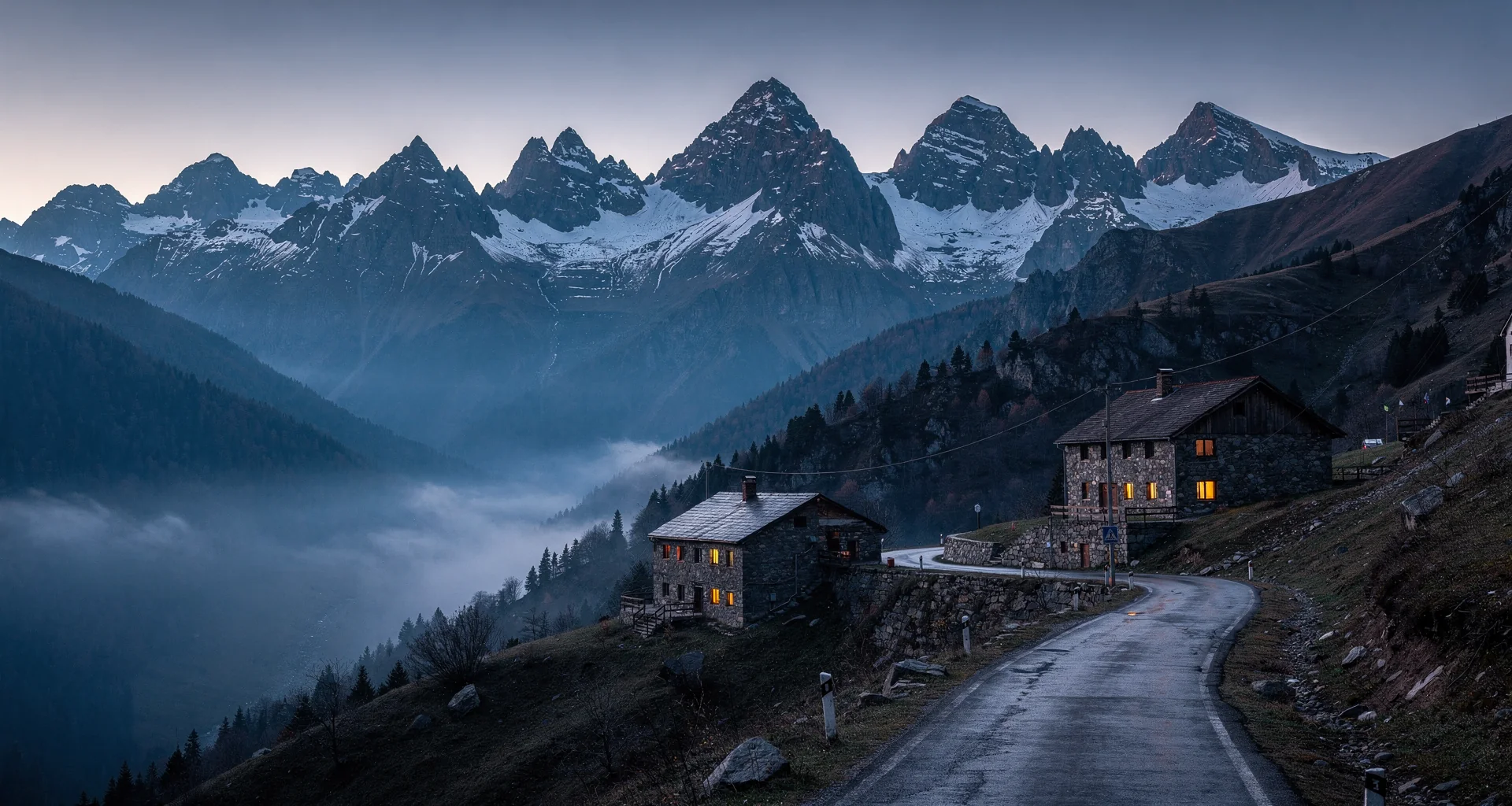 Caucasian mountain village glowing at twilight dusk