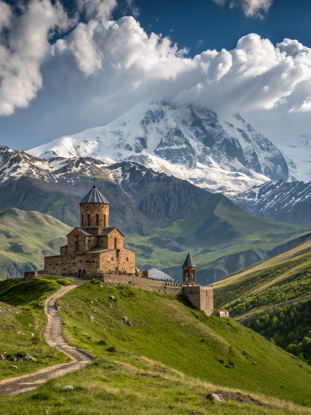 Gergeti Trinity Church standing against snow-capped Mount Kazbek in Georgia