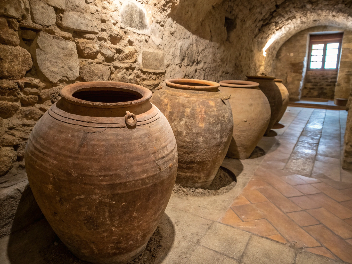 Ancient terracotta qvevri wine vessels in Telavi cellar