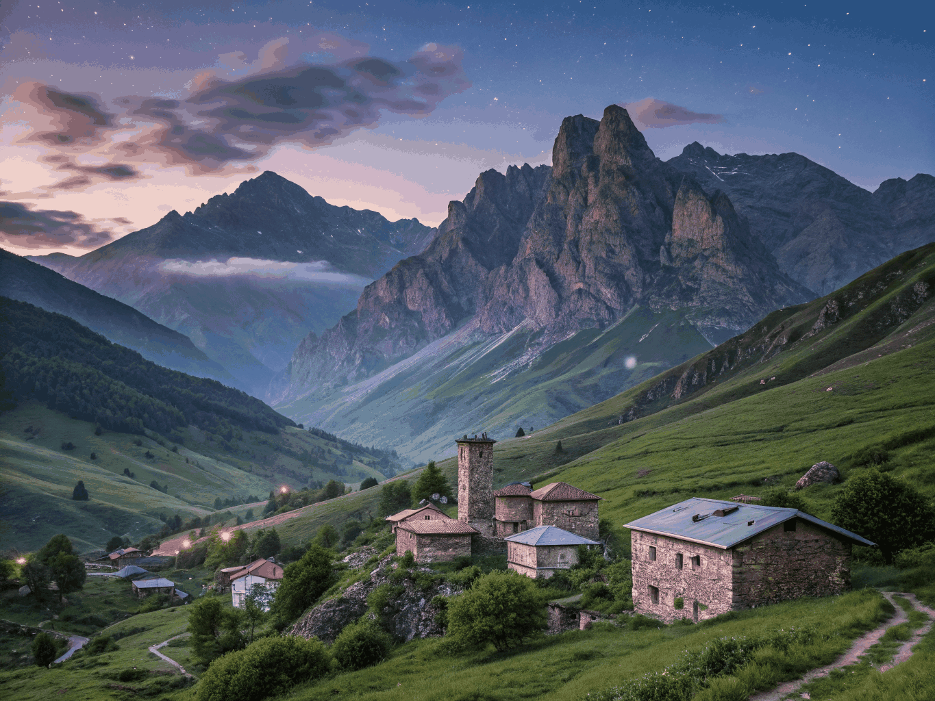 Misty Caucasus mountain ridgelines at golden hour in Georgia