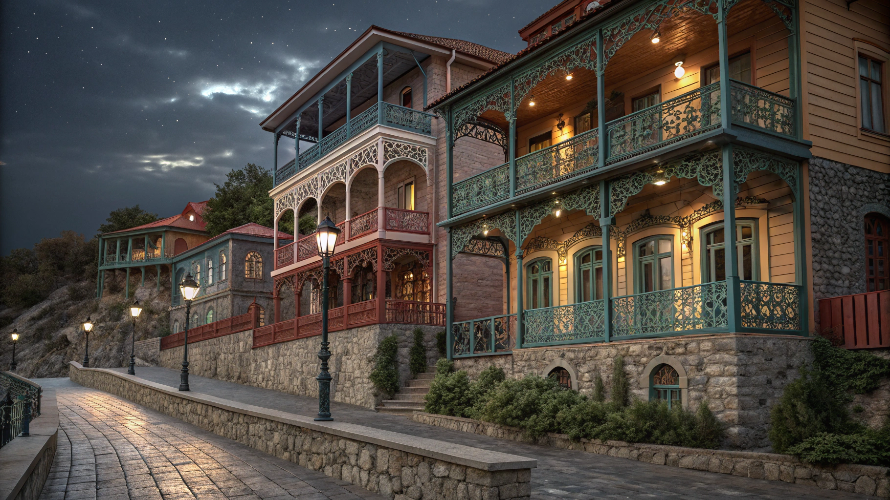 Historic wooden balconies overlooking Old Tbilisi sulfur baths