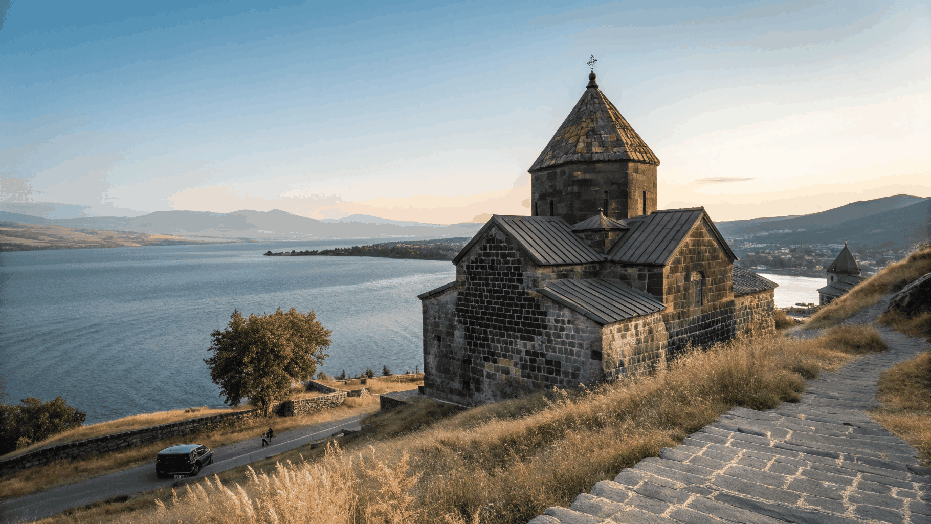 Sevanavank Monastery perched above the turquoise waters of Lake Sevan