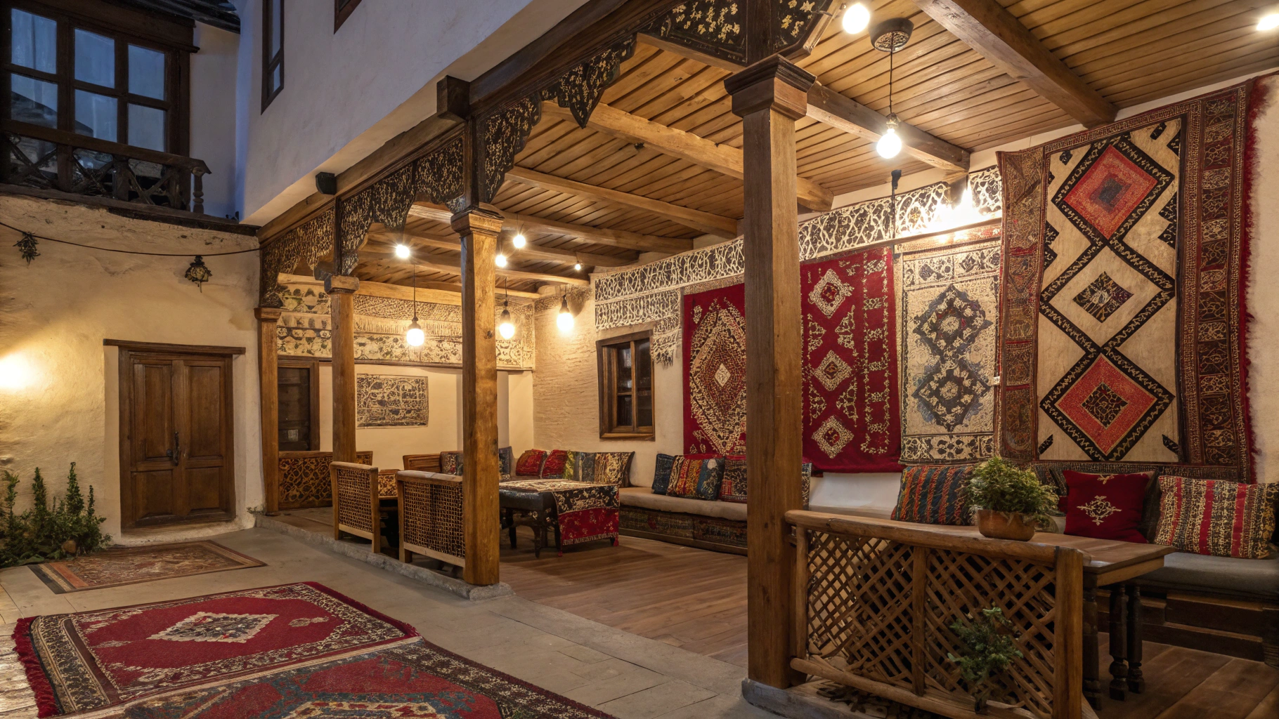 Carved wooden balconies and sulfur bath domes in Old Tbilisi